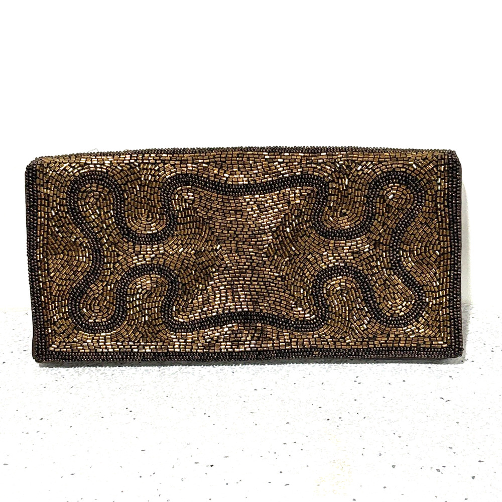 Vintage Magid Hand Beaded Evening Bag Clutch Purse Made in France Coppery Brown